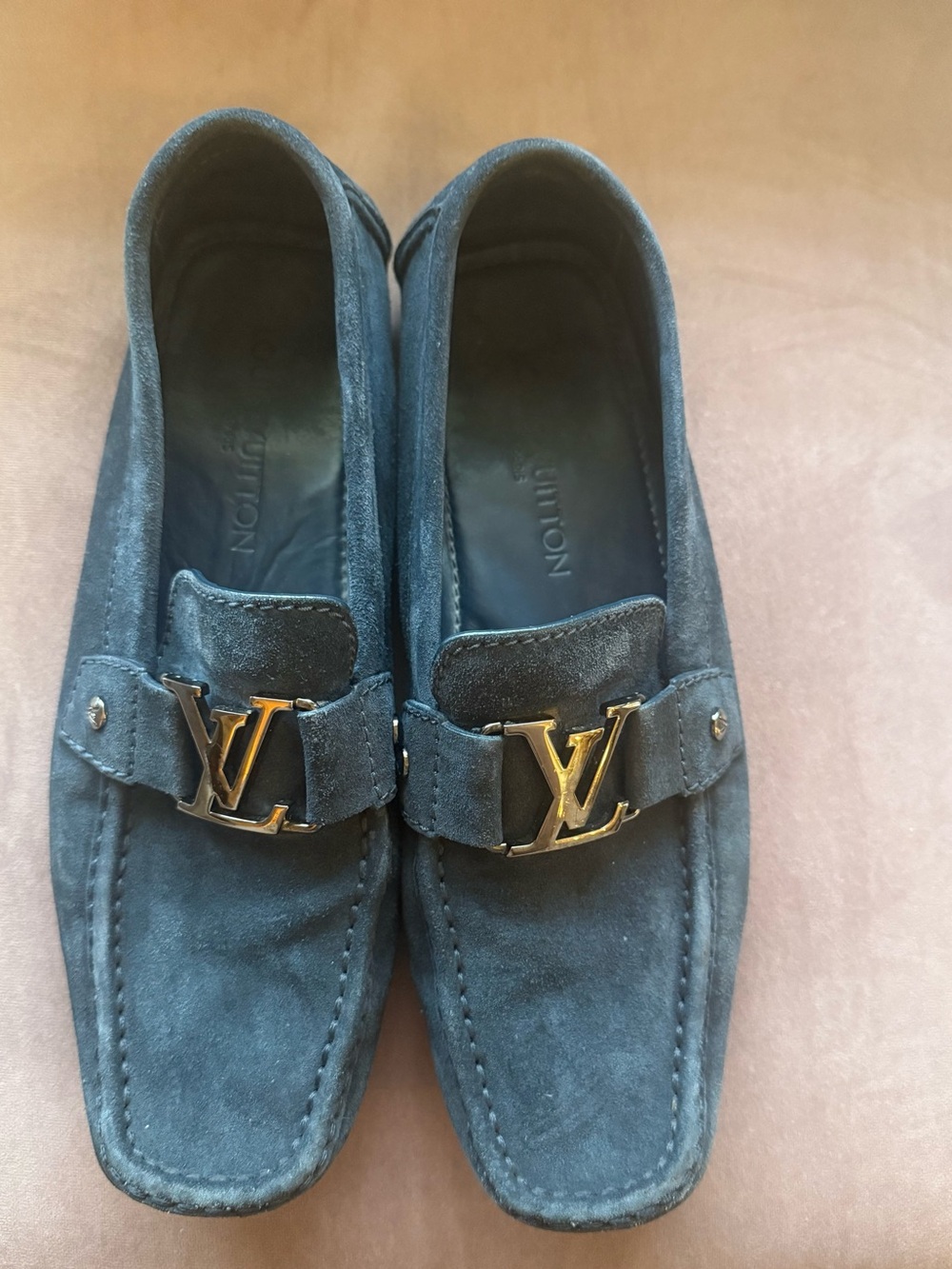 Louis Vuitton Navy Suede Loafers with Gold LV Buckle - Picture 2 of 6